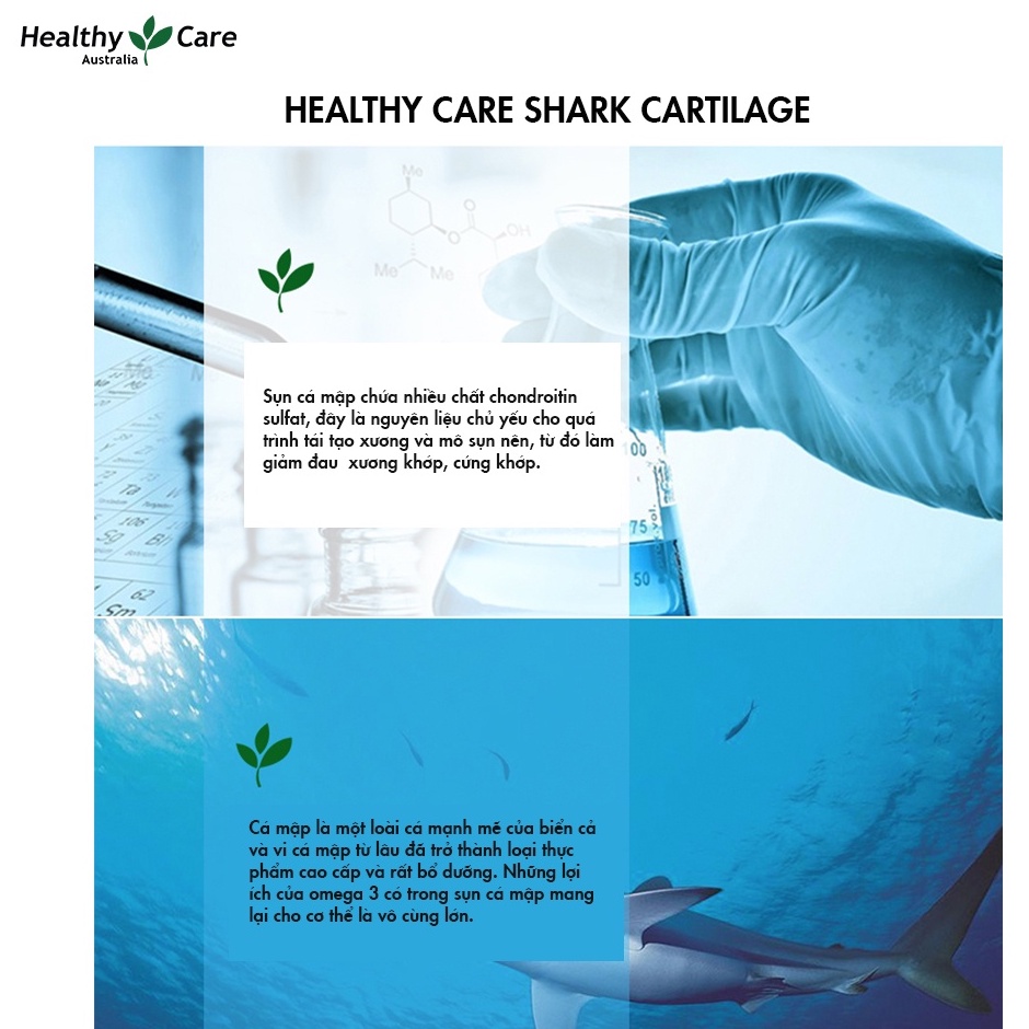 Viên uống sụn vi cá hỗ trợ xương khớp Healthy Care Shark Cartilage 750mg 200 viên