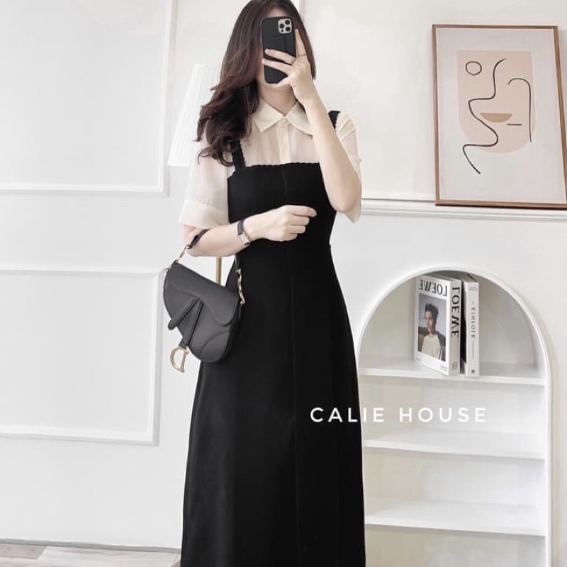 Váy thiết kế cổ sơ mi phối tơ tay cộc chạy ren viền dáng dài siêu xinh