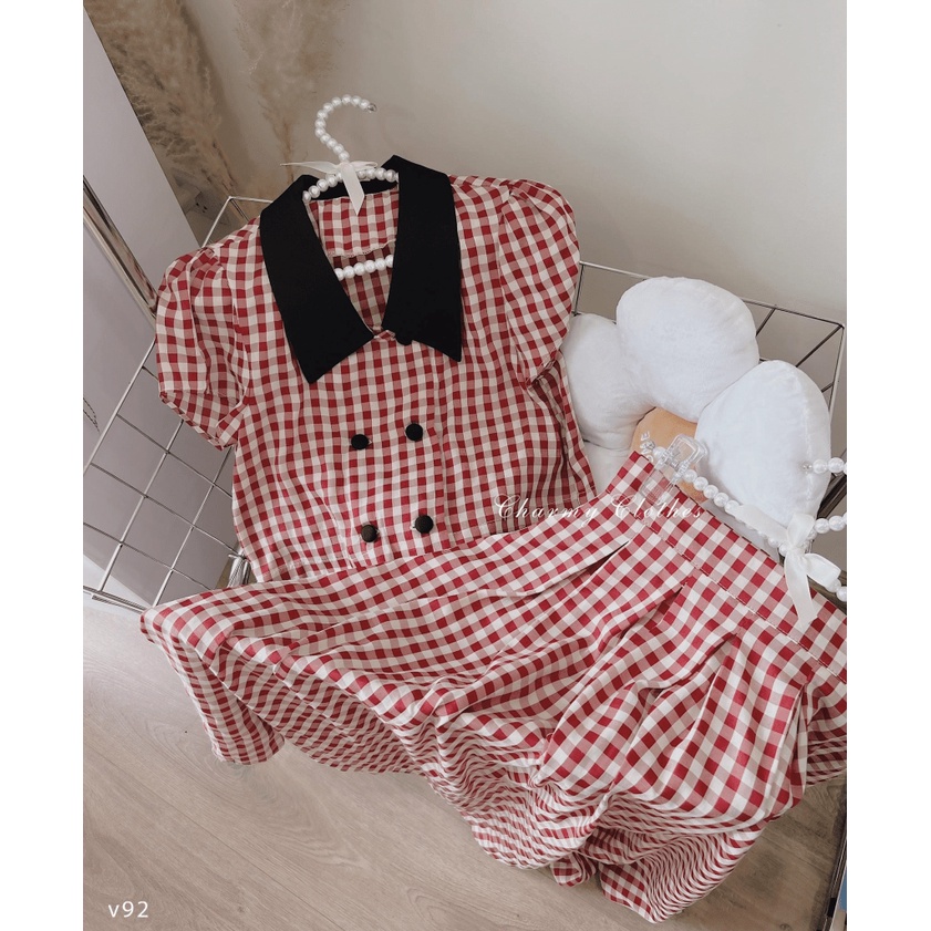 (FREE SHIP) Đầm Nữ Caro Nguyên Sét Áo Kèm Chân Váy Phối Cổ Sơ Mi Đen Siêu Xinh Hàng Cao Cấp