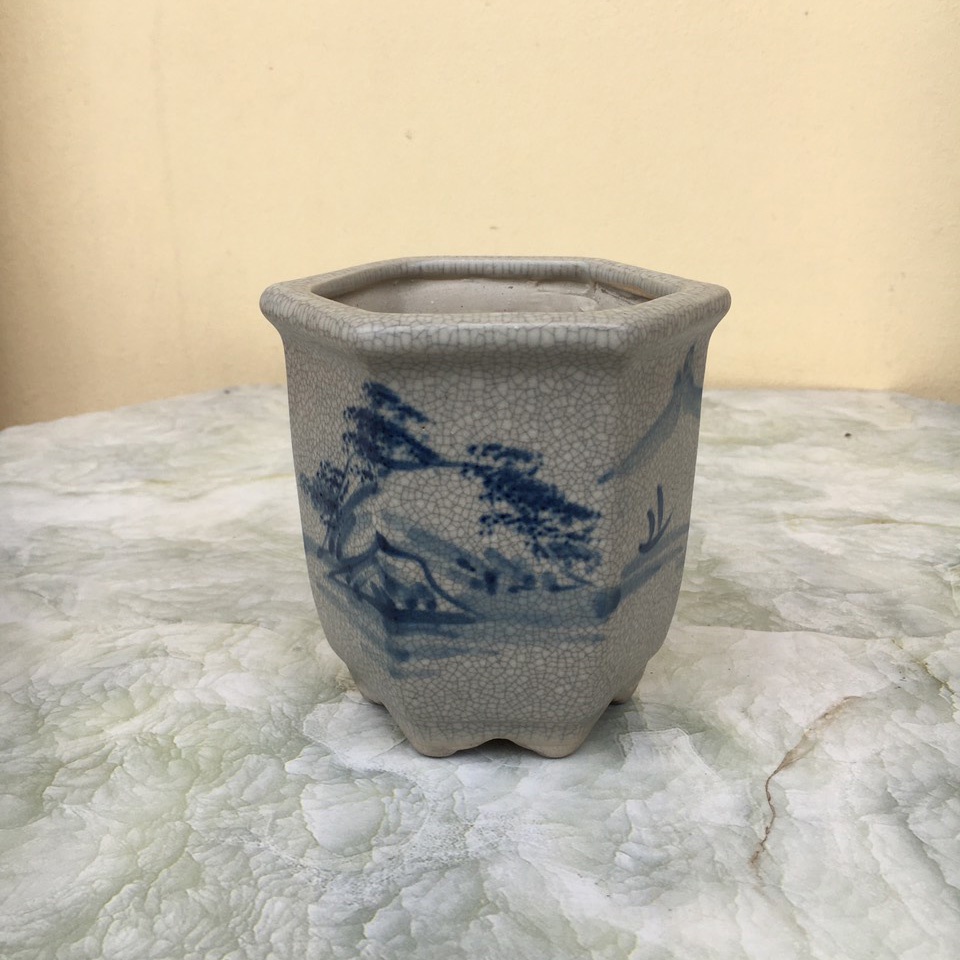 Chậu bonsai Lục giác cao men rạn mini đất nung gốm Bát tràng 1 size BM-156