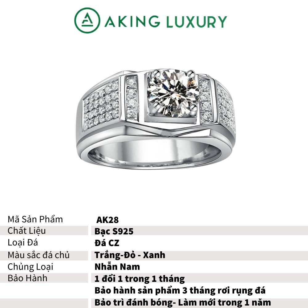 Nhẫn bạc nam AKING LUXURY AK28 cao cấp, Nhẫn nam đính hôn phong cách sang trọng, lịch lãm