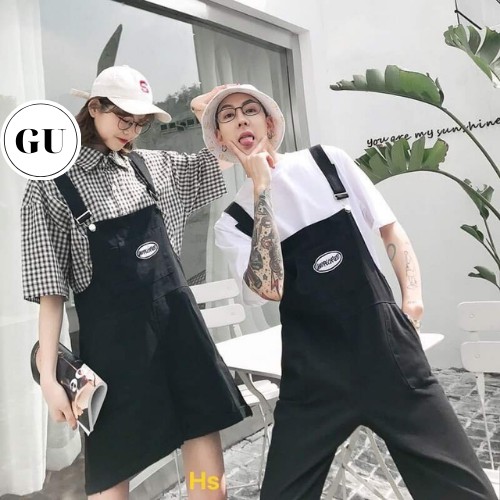 (Ảnh thật)Set Yếm Thêu Logo Yếm Ngăn Dài Chất Kaki Ao Trong Kẻ Thô Áo Trắng Cotton Hot Trend GU Store