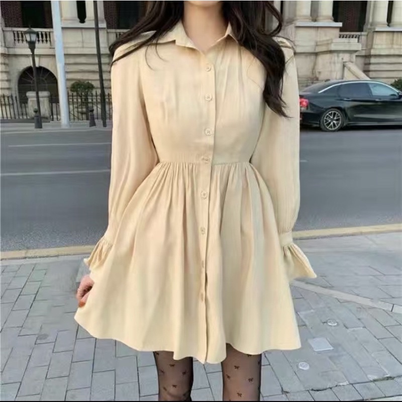 Set đầm babydoll dài tay dáng xoè kèm áo gi-lê màu nâu