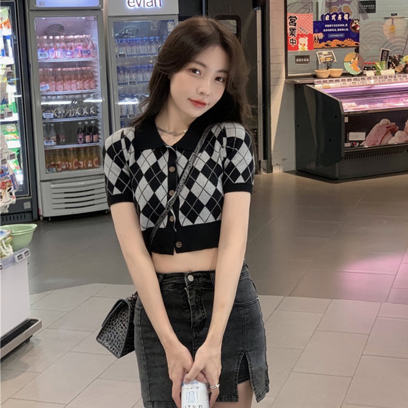 ZHELIHANGFEI Áo khoác Cardigan kẻ sọc caro phong cách Hàn Quốc thời trang cho nữ