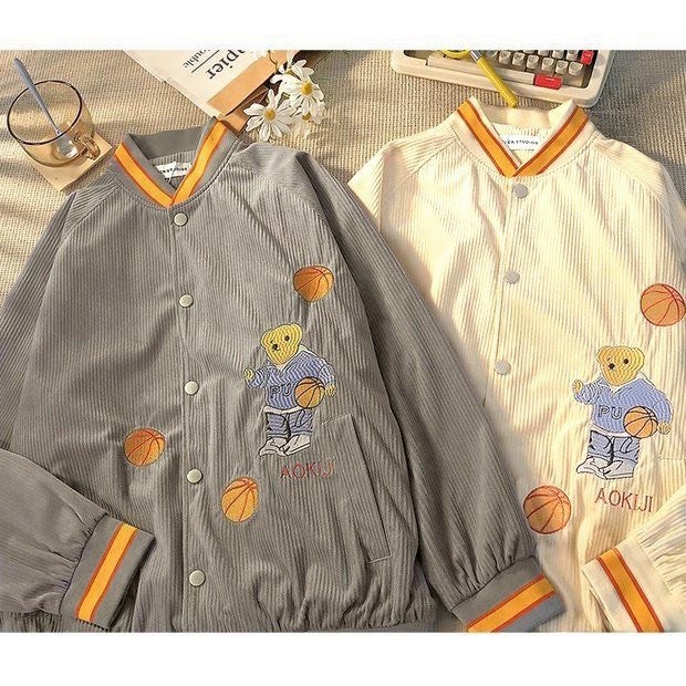 Áo khoác Nhung gân nữ nút bấm form rộng phối họa tiết CHÚ GẤU phong cách siêu đẹp giá rẻ TP581 [NewUnisex]