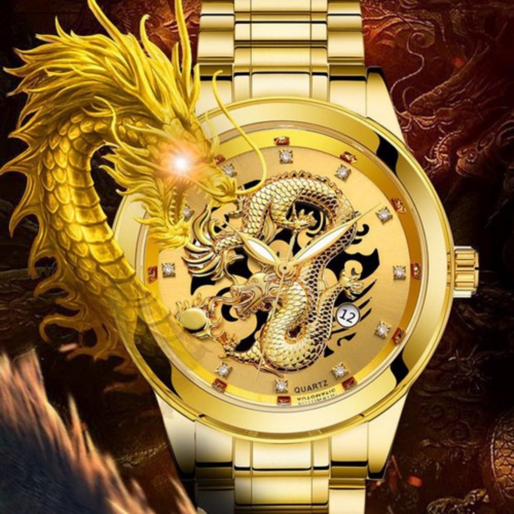 ĐỒNG HỒ NAM FNGEEN DÂY KIM LOẠI MẶT RỒNG VÀNG NỔI 3D - Bảo hành 1 năm