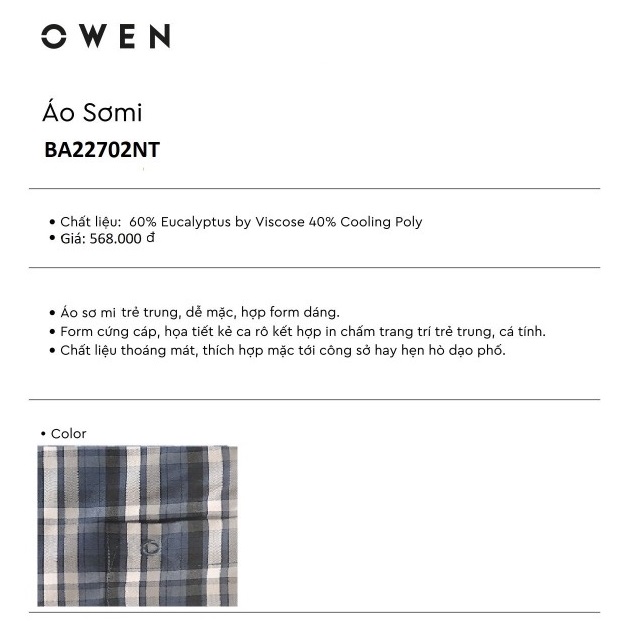 Áo Sơ Mi Nam Ngắn Tay Owen BA22702NT Somi Cộc Tay Công Sở Cao Cấp Kẻ Caro Xanh Xám Sợi Bạch Đàn Dáng Body Fit Tà Bằng | BigBuy360 - bigbuy360.vn