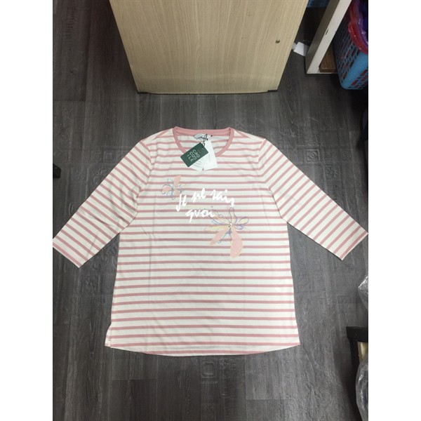 Áo Thun Nữ CROCODILE Xuất Hàn Cổ Tròn Tay Lỡ Sọc Ngang Hồng Nude Trắng - Size 100