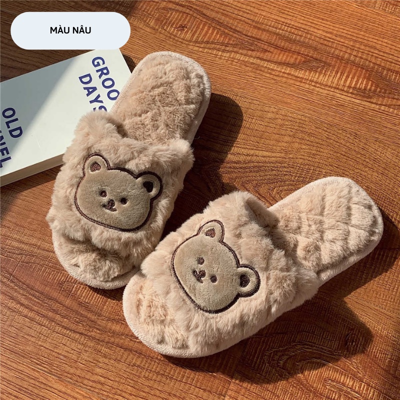 Dép lê nữ dép lông đi trong nhà thêu hình gấu đế cao su siêu bền giữ ấm êm chân Xiaomimi
