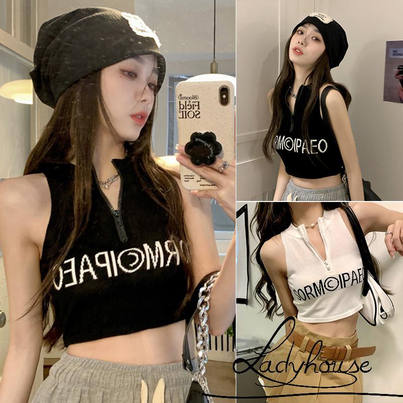 Áo Croptop Trễ Vai Không Tay Khóa Kéo Trước Màu Trắng / Đen Thời Trang Mùa Hè Cho Nữ