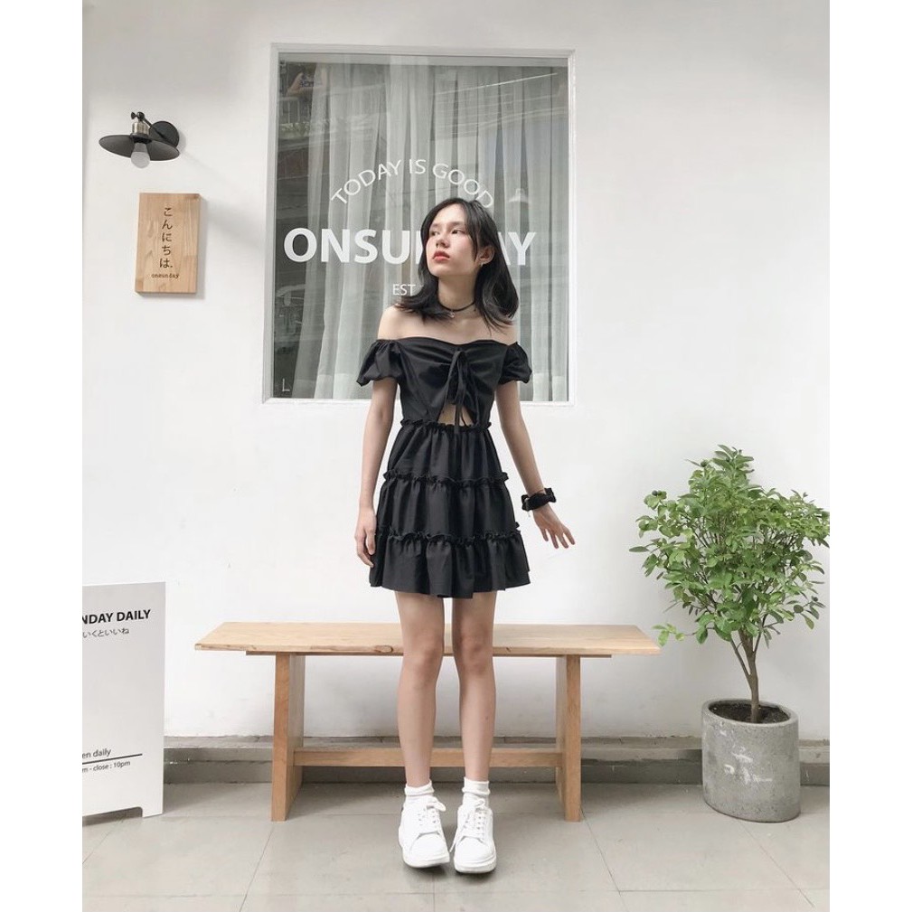 (CLIP THẬT) Đầm babydoll tiểu thư rút dây khoét eo ullzang | BigBuy360 - bigbuy360.vn