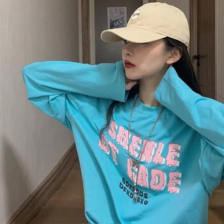 Áo thun TAY DÀI nữ ULZZANG freesize phông form rộng dáng unisex mặc cặp, nhóm, lớp in chữ SHENLE DT CADE màu xanh ngọc