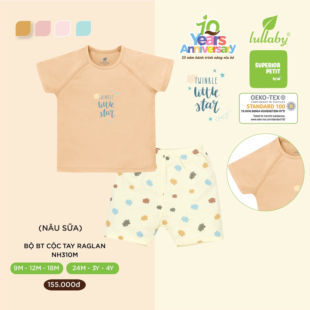 Bộ cộc tay peptit Lullaby NH311P, bộ cài vai bé trai, bé gái cao cấp 0-4 tuổi