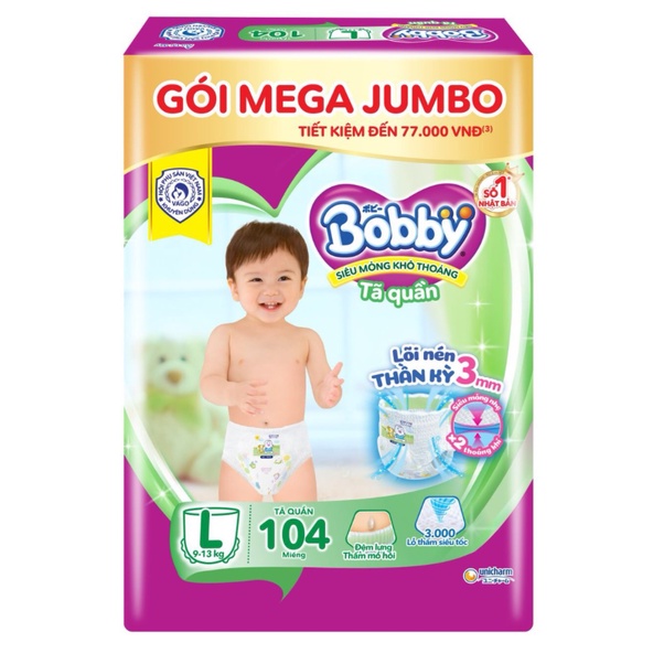 Tã quần Bobby gói Mega Jumbo : M124-L108-XL96-XXL88 - mẫu mới rãnh kim cương