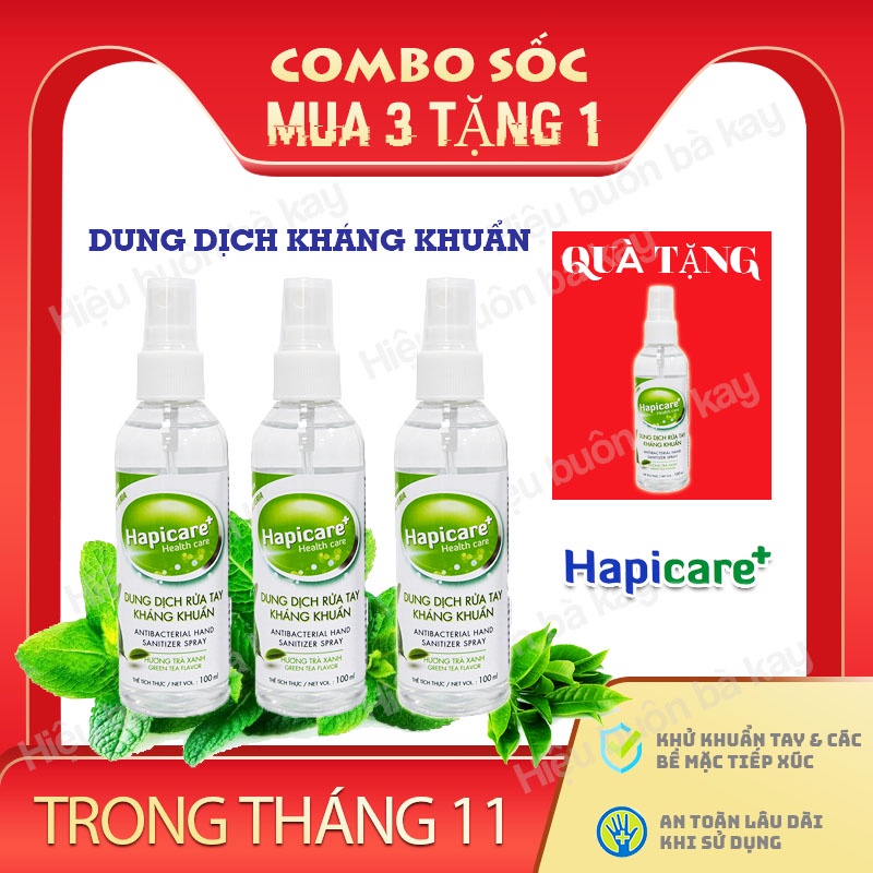 [Siêu Combo] Chai xịt khuẩn mini HapiCare+ (100ml) / Dung dịch rửa tay sát khuẩn / Nước khử khuẩn / Xịt rửa tay khô