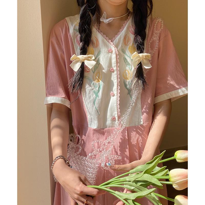 Đầm suông tay ngắn in hình hoa Tulip thời trang Hàn Quốc cho nữ