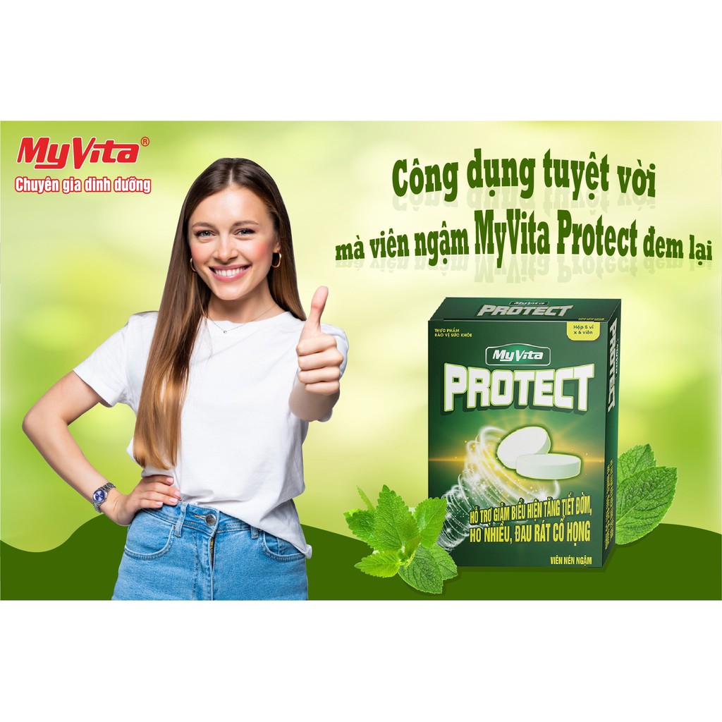 Viên ngậm ho Myvita Protect - Hộp 30 viên - Sát trùng mũi họng, bổ phế, giảm ho, khản tiếng...Tăng cường sức đề kháng