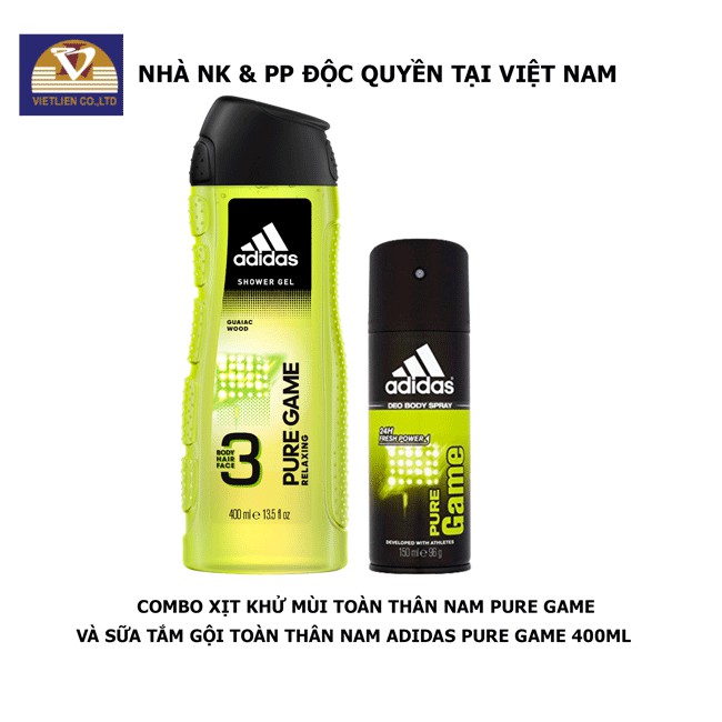 Combo 2 chai : Xịt khử mùi 150ml + Sữa Tắm Gội Toàn Thân 400ml - Nam Adidas - Pure Game