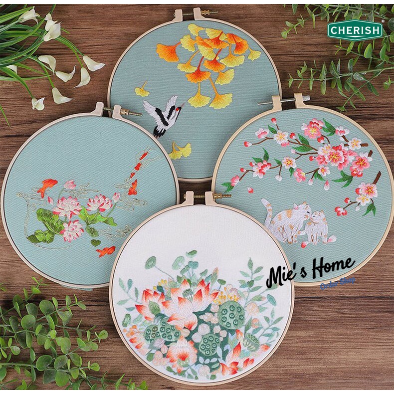 Bộ Kit tự thêu tay Tranh hoa cỏ Kit tập thêu Hoa Cherish mẫu Hoa Sen Bát Bảo / Anh Đào MIE SHOP HANDMADE