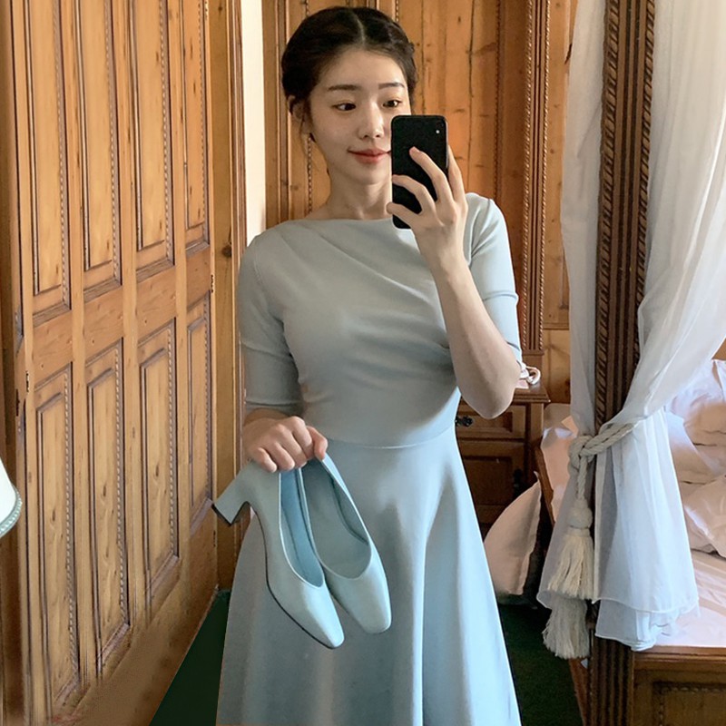 Đầm Hàn Quốc sang trọng kiểu Pháp màu xanh bạc hà nhấn eo thon thả và tay lửng