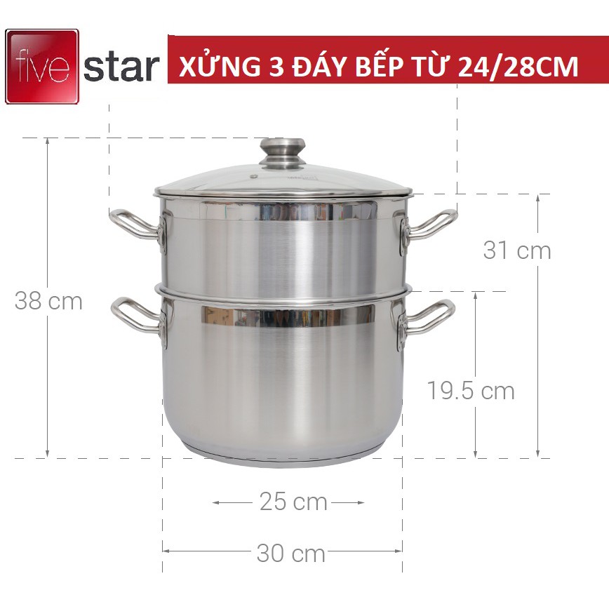 Bộ Nồi Xửng 3 Đáy INOX 430 FIVESTAR 28CM