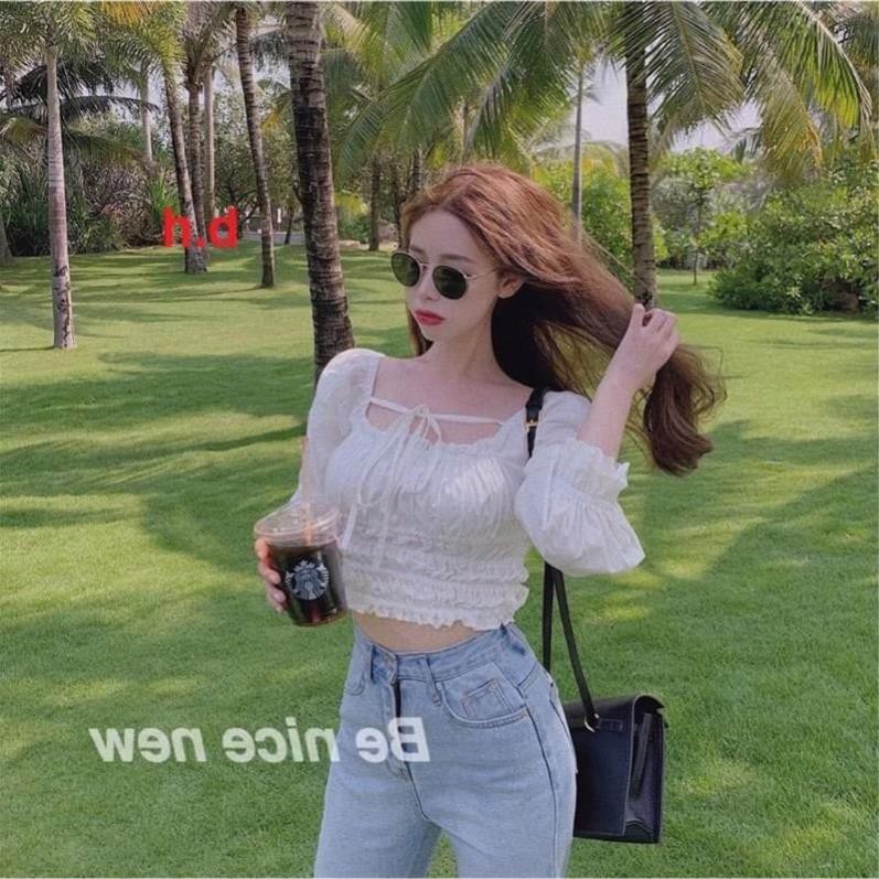 (Sẵn Hàng) Áo Sơ Mi  Nữ cổ vuông trắng trơn dài tay có dây ❤  Áo croptop buộc nơ Vintage tiểu thư  thời trang Hàn Quốc ་