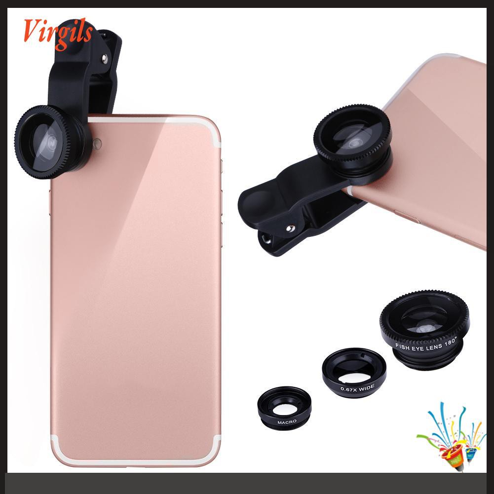 Clip 3-in-1 180 Fish-Eye Lens+Wide Angle Lens+Macro Lens Black