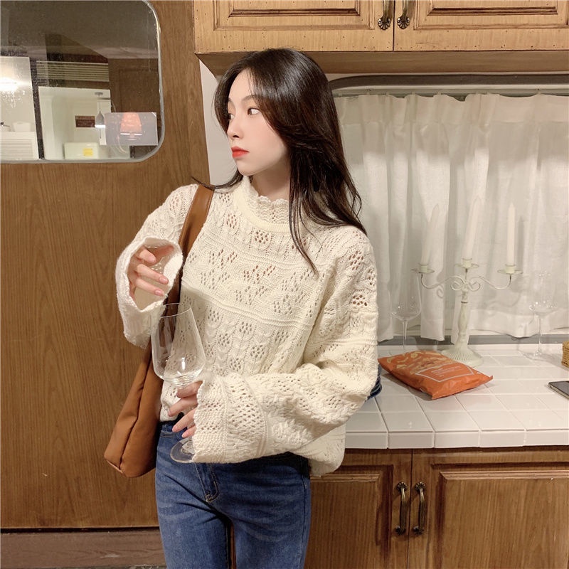 Áo dệt kim cổ cao tay dài dáng rộng thiết kế mới cho nữ