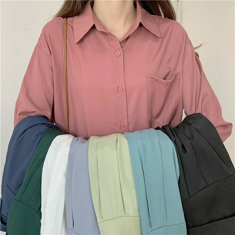 Áo Sơ Mi Cổ Polo Nữ Dài Tay Dáng Rộng Túi Trước Chất Vải Đẹp Phong Cách Ulzzang Vintage Hàn Quốc M2157