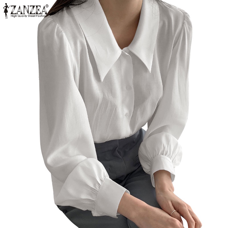 Áo sơ mi ZANZEA tay dài cài nút màu trơn phong cách Hàn Quốc cho nữ