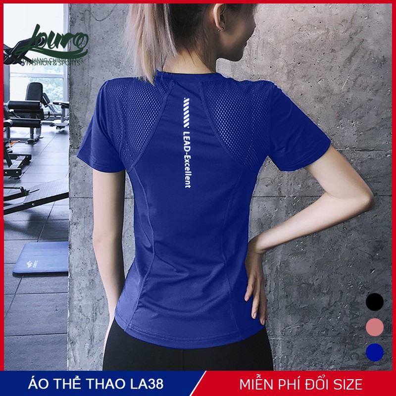 Áo thun tập gym, yoga nữ Louro LA38, kiểu áo tập gym nữ tay ngắn phối lưới, chất liệu thoáng mát, co giãn 4 chiều