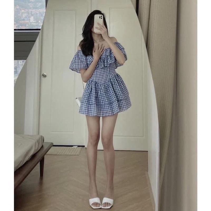 Đầm - Váy trễ vai kẻ xanh xếp bèo 2 tầng Ulzzang