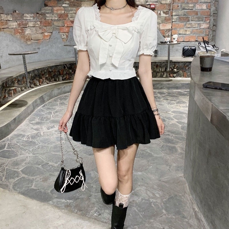 Áo Kiểu Tay Phồng Ngắn Cổ Vuông Đính Nơ Phong Cách Pháp Thời Trang Cho Nữ