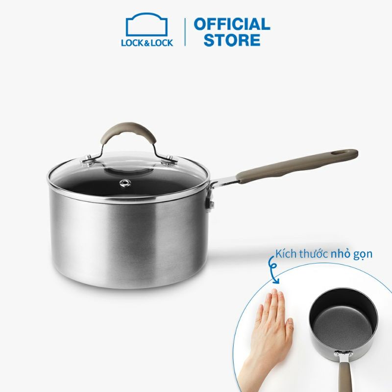 Nồi sâu lòng/ Quánh Lock&amp;Lock Handycook có tay cầm và nắp đậy 14cm - Màu xám LHD114