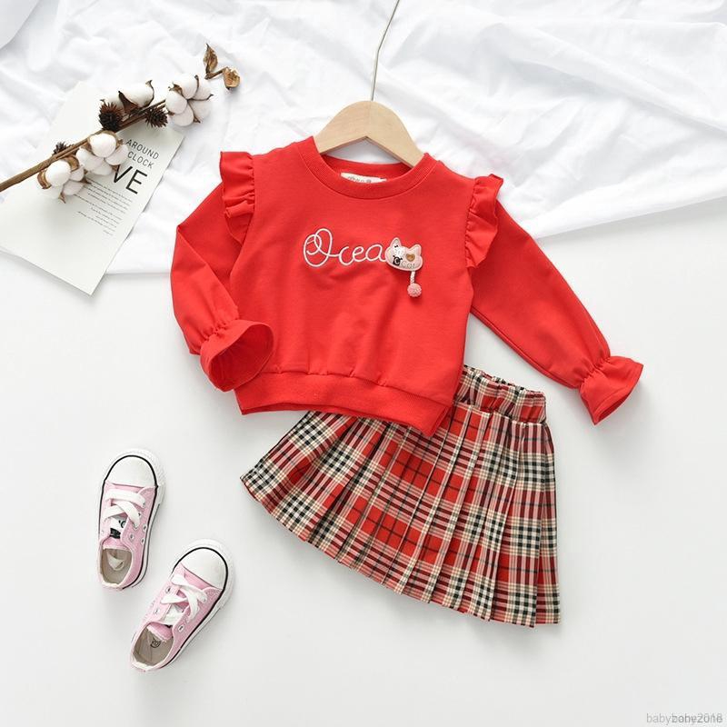 Bộ đồ gồm áo ngắn tay dài + chân váy phối họa tiết ca rô xinh xắn cho bé gái