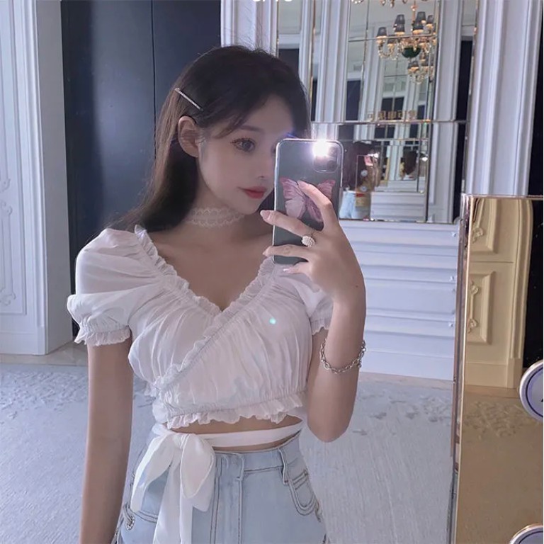 Áo Croptop Ngắn Tay Cổ Chữ V Gợi Cảm Dành Cho Nữ