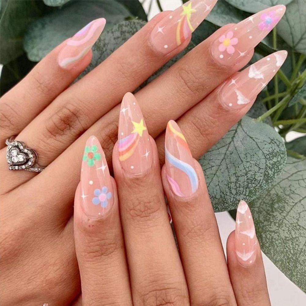 Hộp 24 Móng Tay Giả Che Phủ Toàn Diện Tháo Rời Được In Họa Tiết Hoa Hạt Nhân Tạo Kiểu Pháp