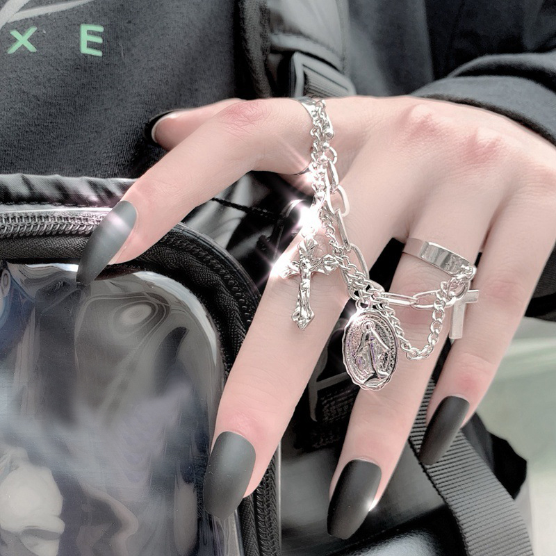Nhẫn đeo dây xích hai ngón hình cây thánh giá phong cách hip hop