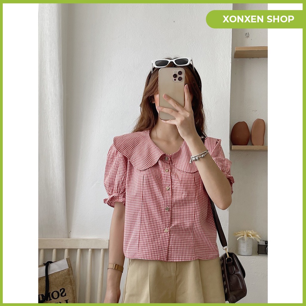 Áo kiểu caro cổ bèo lên form chuẩn chất vải mền mịn XONXEN SHOP QUẢNG NGÃI freesize mã 76 | BigBuy360 - bigbuy360.vn