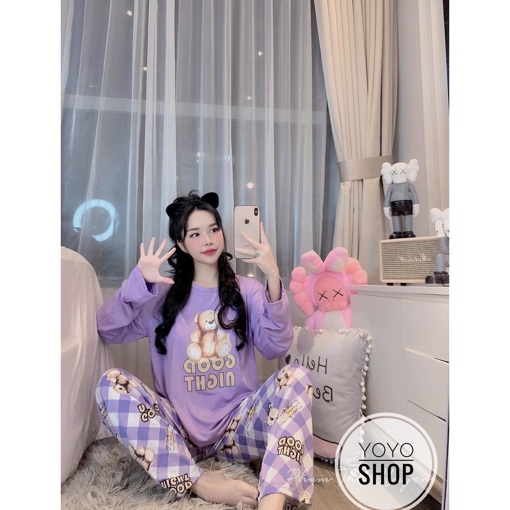 Đồ bộ thun tay dài Quảng Châu, pijama quần dài, đồ mặc ở nhà họa tiết hoạt hình dễ thương thun mềm mịn YoYo | BigBuy360 - bigbuy360.vn