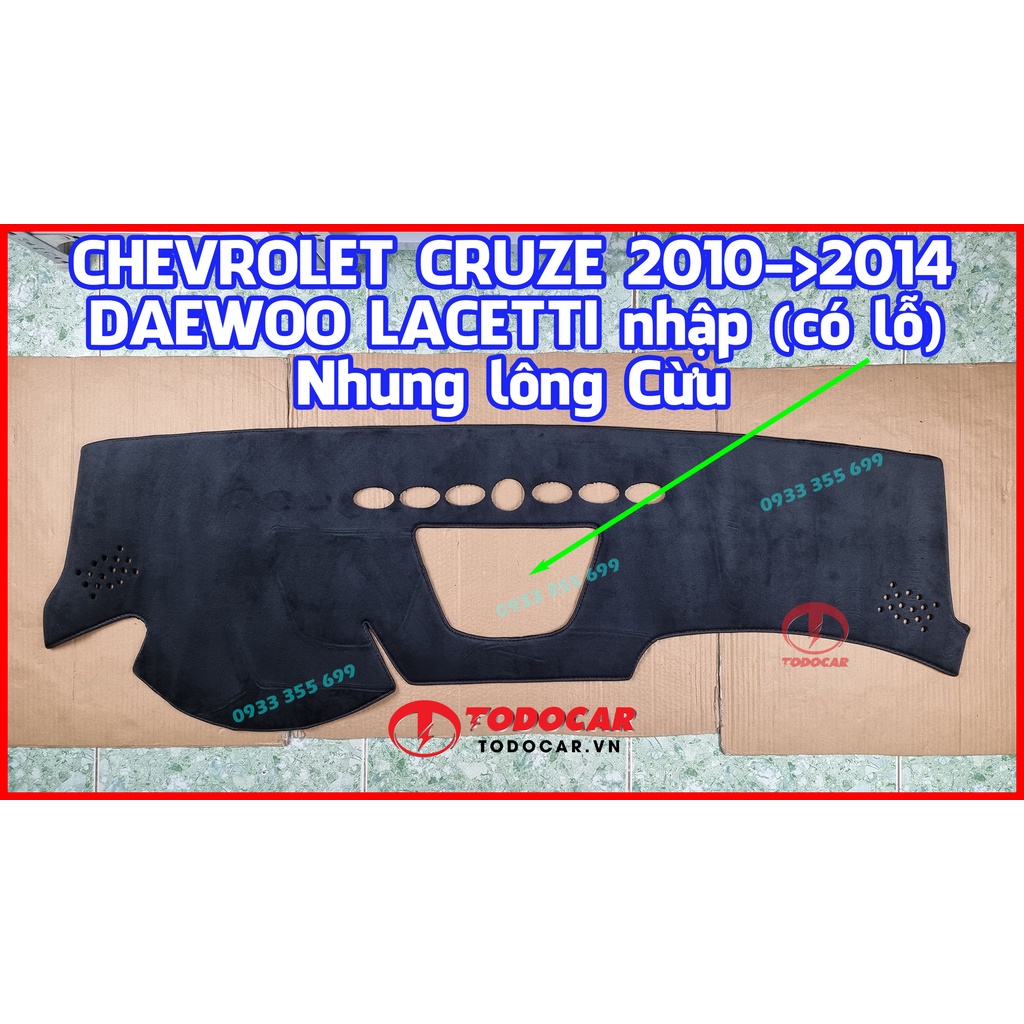 Thảm Taplo CHEVROLET CRUZE bằng Nhung lông Cừu, Da vân Carbon, Da vân Gỗ 2010 2011 2012 13 2014 2015 2016 2017 2018 2019