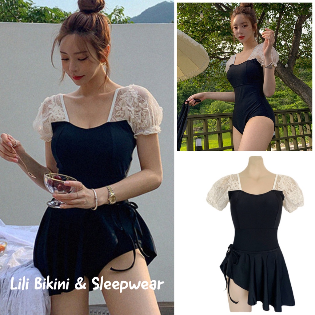 Mẫu mới 2023 bikini kèm chân váy cột dây phong cách Hàn Quốc tay ren bồng nữ tính, bộ đồ bơi, đi biển