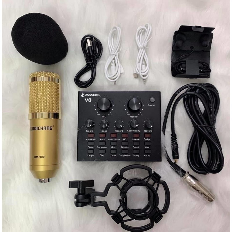 Combo thu âm livestream Suondcard V8 và mic bm 900 woaichang tặng kèm tai nghe xịn