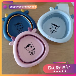 Chậu rửa mặt gấp gọn TAM GIÁC mẫu BÒ cho bé sơ sinh/ Thau nhỏ (cho chọn màu)