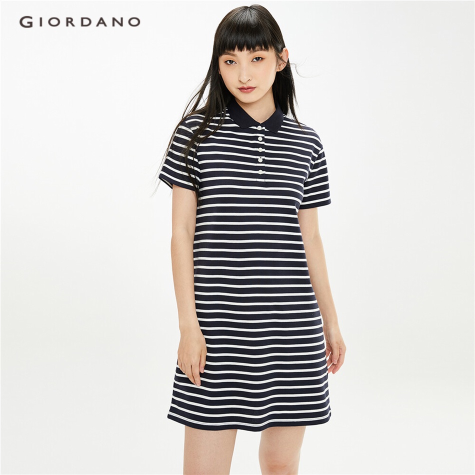 Đầm GIORDANO 05461479 cổ polo chất vải co giãn họa tiết sọc ngang dành cho nữ