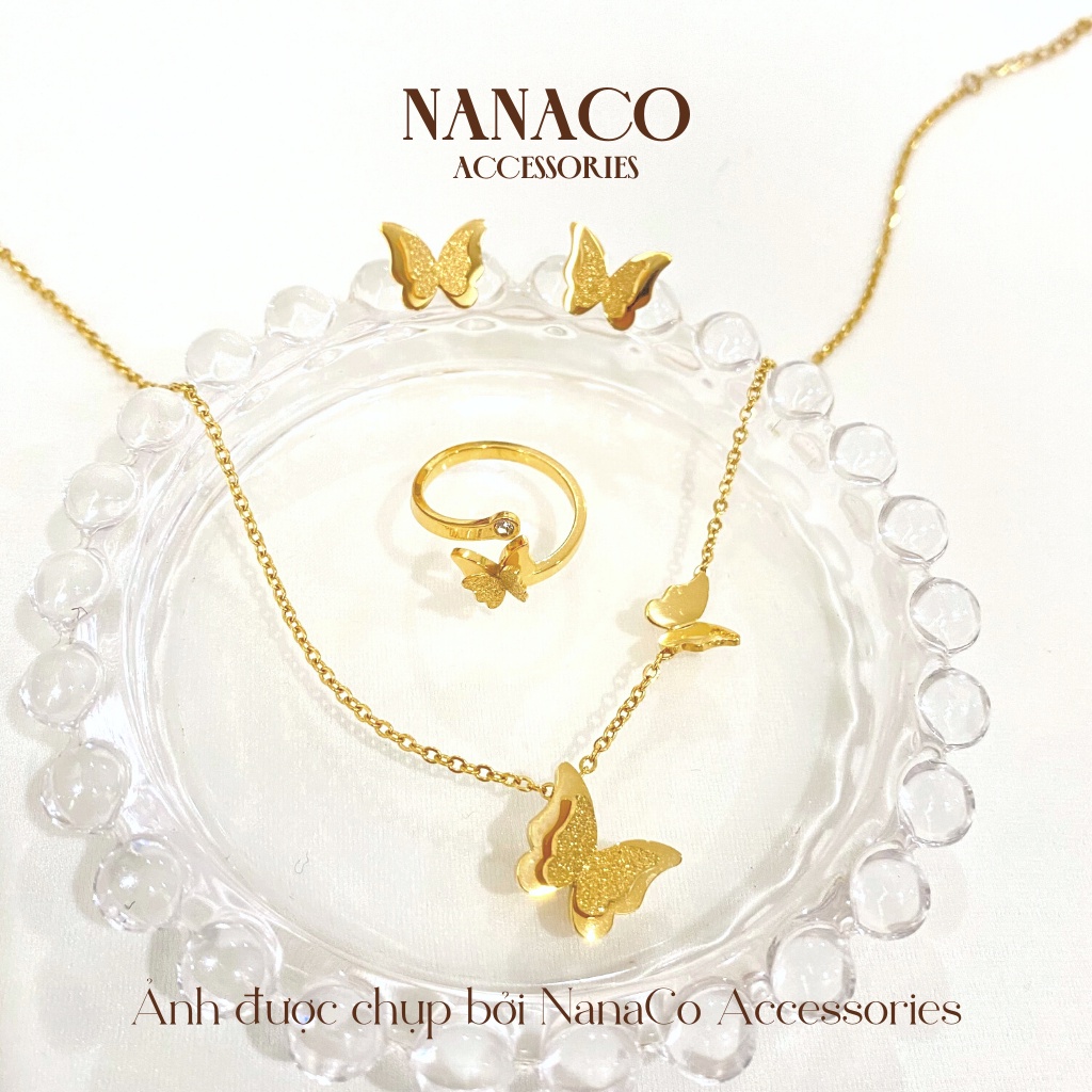 Dây chuyền khuyên tai nhẫn nữ titan không gỉ butterfly, bộ trang sức cao cấp NanaCo