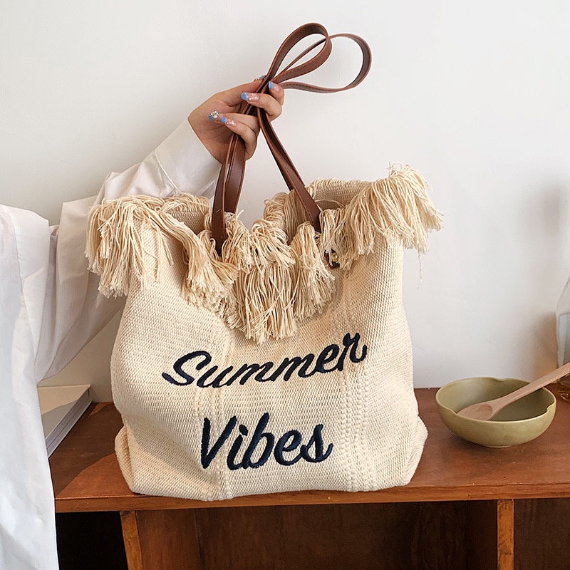 Túi Xách canvas Cỡ Lớn 2022 Phối Tua Rua Thời Trang Hàn Quốc Cho Nữ