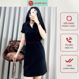 Đầm Thun Suông, Váy Cotton Polo Nữ, Màu Đen Có Size Bigsize, Vải Co Dãn 4 Chiều - Hàng Cao Cấp