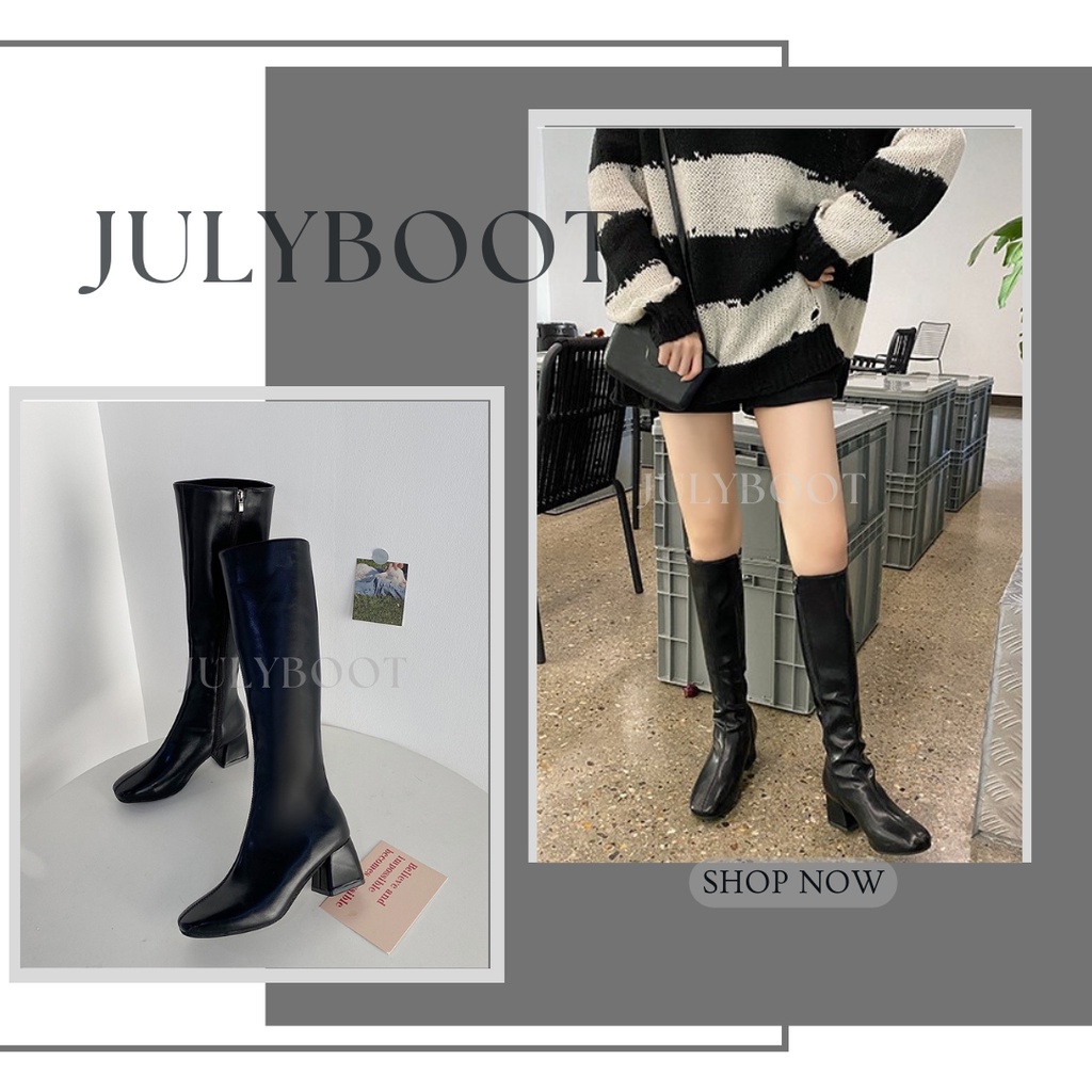 (SẴN) Boots Lửng Ulzzang Da Cổ Cao Dưới Gối Có Khoá Kéo Gót Vuông 6 Phân Da Dày Mịn Đẹp