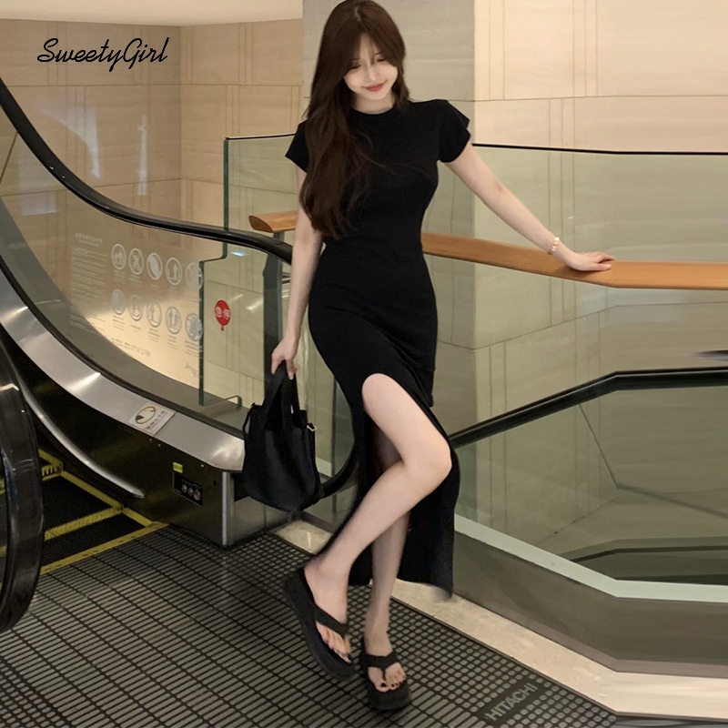 Đầm Maxi Tay Ngắn Cổ Tròn Màu Trơn Thời Trang 2022 Quyến Rũ Cho Nữ